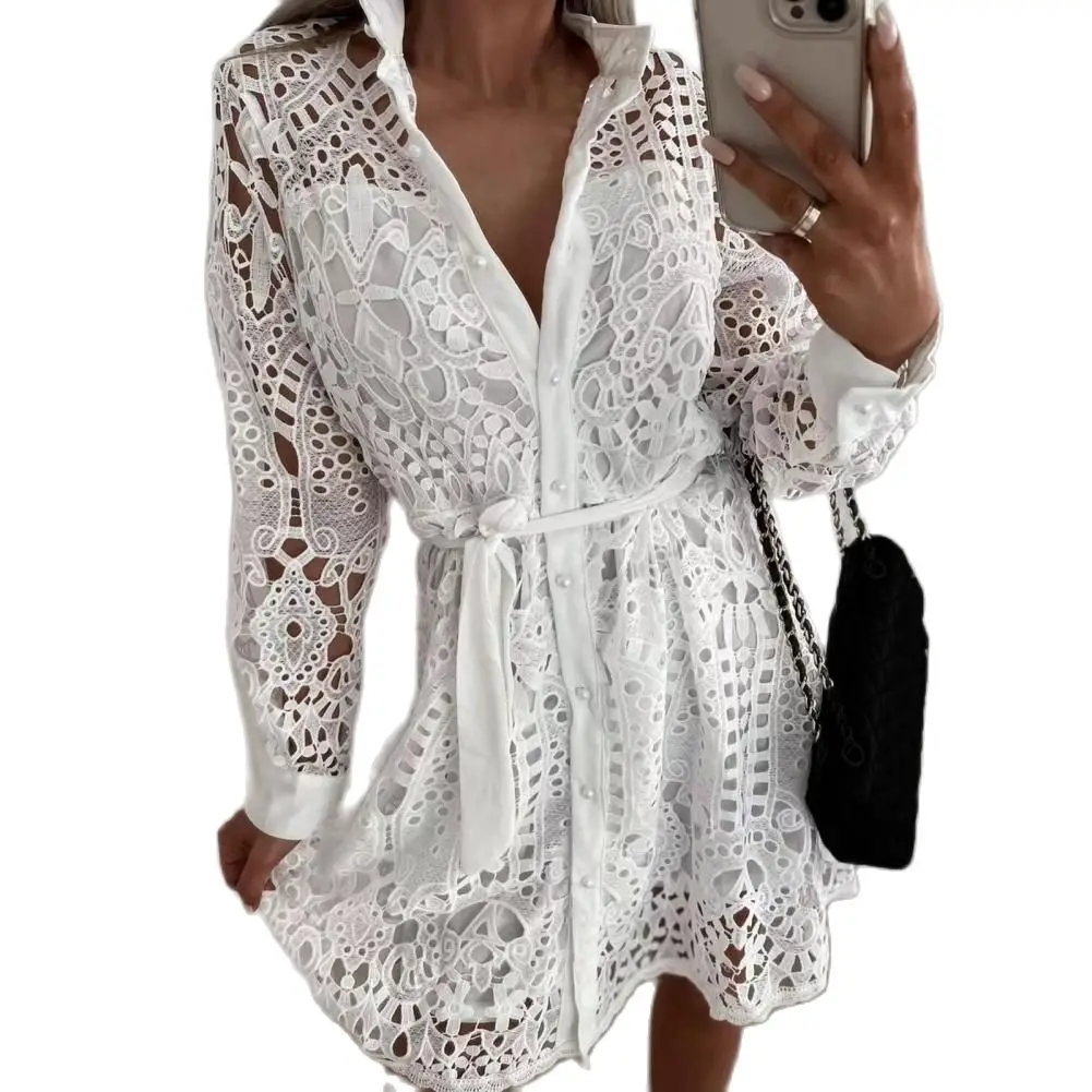 

Stylish Women Dress Summer Turndown Collar Vintage Dress Pure Color Above Knee Dress Party