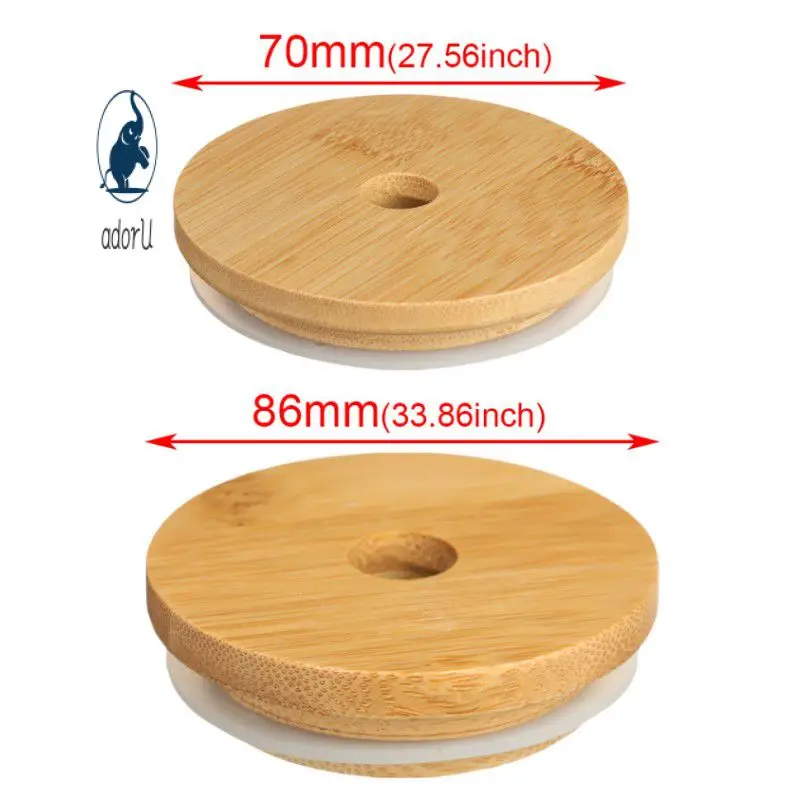 

70mm/86mm Reusable Bamboo Wood Lids for Mason Jar Lid with Straw Hole Silicone Seal Ring Wide Mouth Cup Seal Covers Caps
