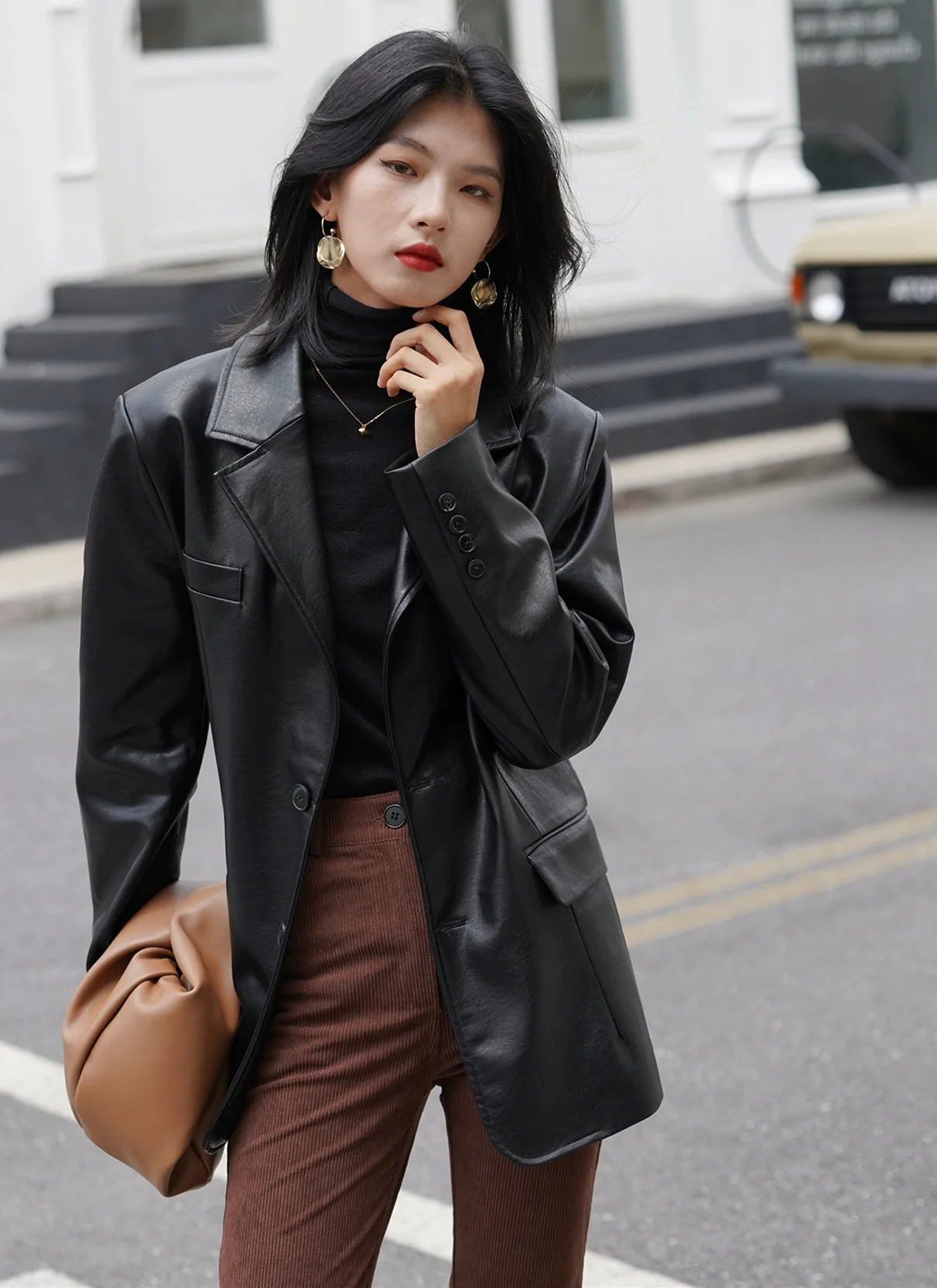 Black Suit, Leather Coat, Female Senior, Autumn  Winter, Medium  Long Style, Fashionable Motorcycle Coat, Female Cool Formal