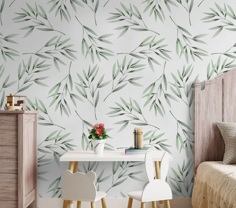 

Watercolor Green Leaf Wallpaper Peel and Stick Tropical Leaves Wall Mural