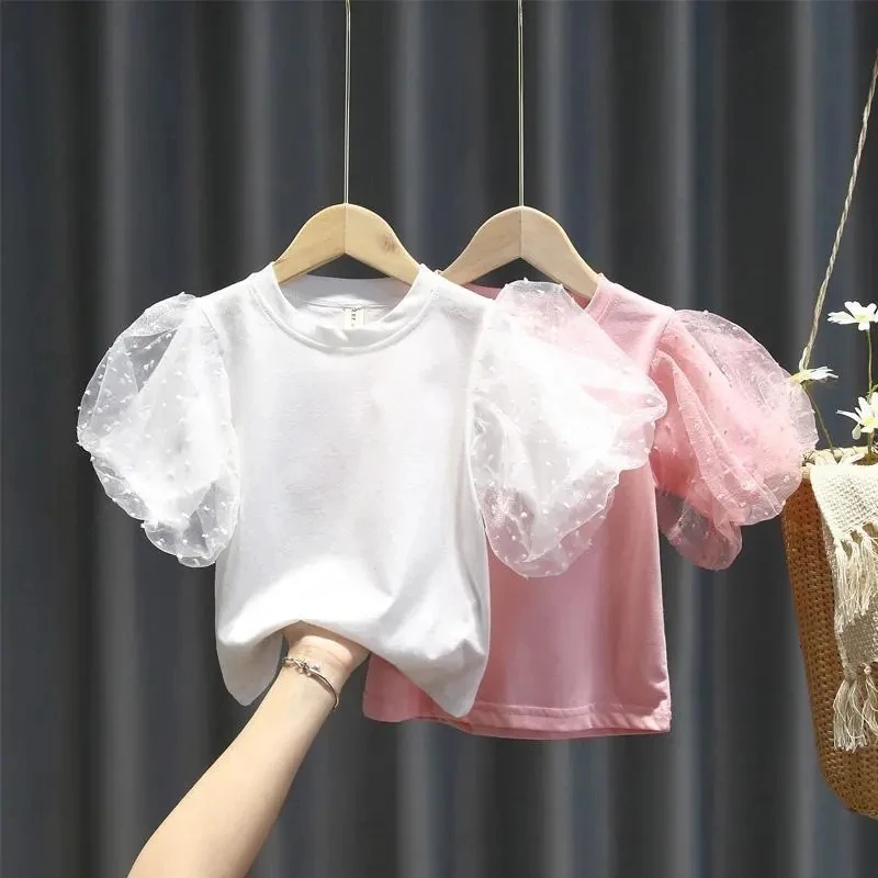 

Summer Baby Cotton White Puff Sleeve Tops Toddler Tees Kids Girl Children Clothing Cartoon T-shirts Short Sleeve Casual