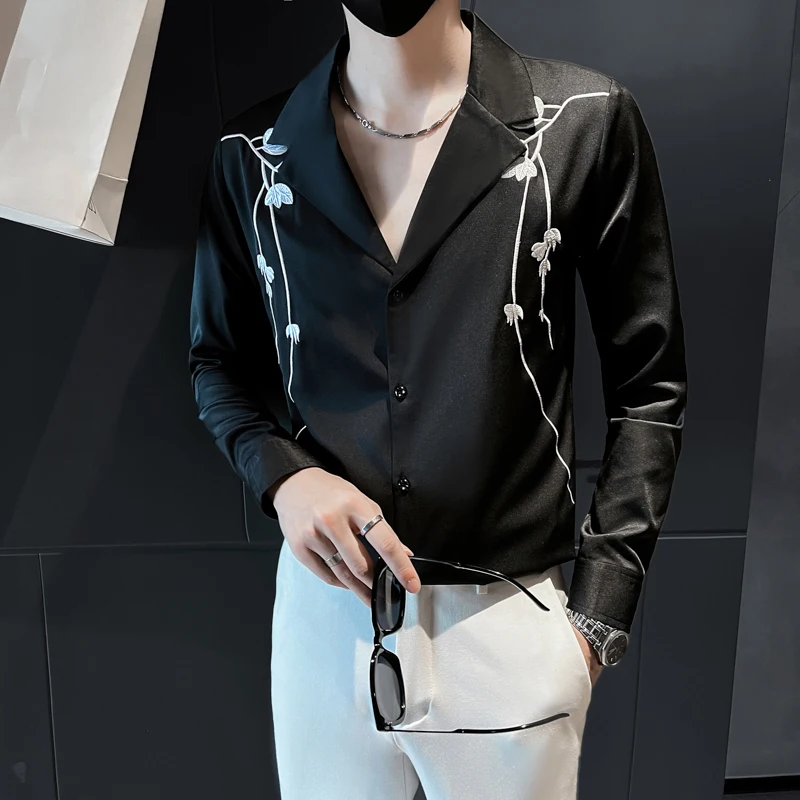 2022 Embroidery V-neck Men's Shirts Casual Business Dress Shirt Fashion Social Camisa Masculina Party Tuxedo Blouse Men Clothing
