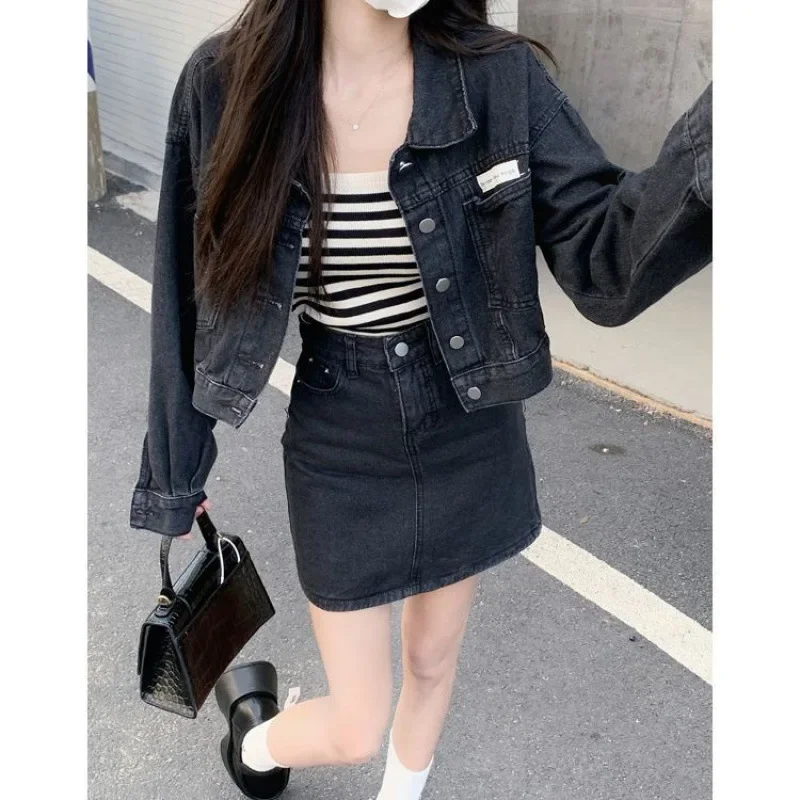 Соленый женский костюм укороченная джинсовая куртка облегающая короткая юбка