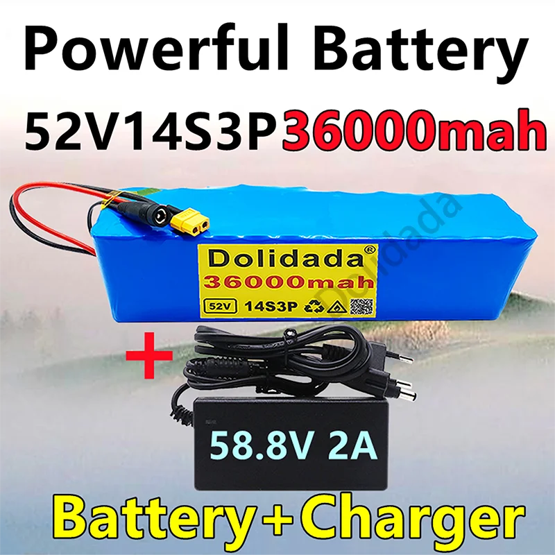 

High capacity 18650 52v 36000mah14s3p lithium battery 52v 36ah 2000w electric bicycle battery built-in 20a bms xt60 with charger