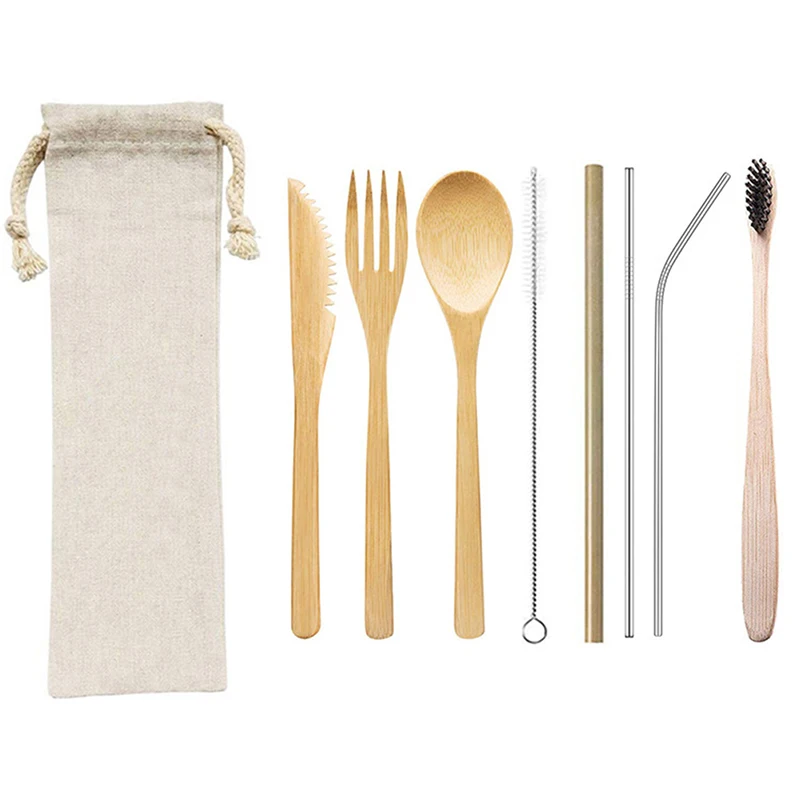 Eco-Friendly & Washable 3/4/5/6/7/8/9Pcs Dinnerware Set Bamboo Cutlery Wooden Fork Spoon Straw Chopstick images - 6