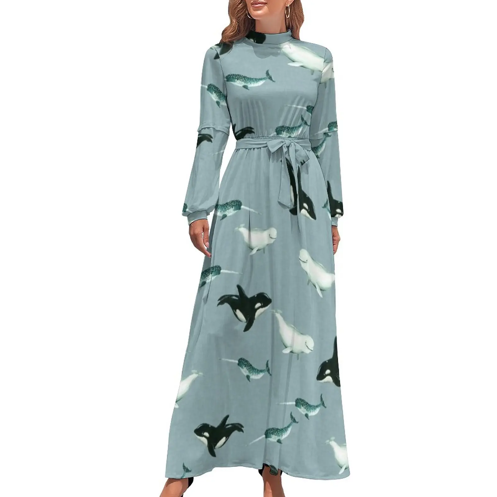 

Arctic Animal Print Dress High Waist Whales Bear Custom Bohemia Dresses Long Sleeve Streetwear Long Maxi Dress Kawaii Clothing