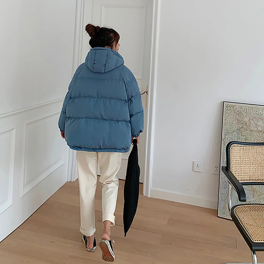 2022 New Korean Parkas Loose Down Cotton Jacket Solid Long Sleeves Pockets Hoodie Zipper Cardigan Harajuku Cotton Padded Clothes