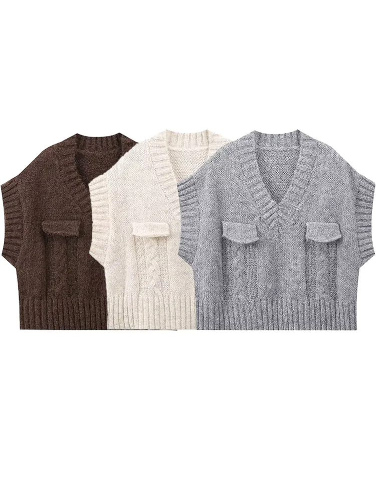 TRAFZA женский модный свитер жилеты однотонный v-образный вырез без рукавов