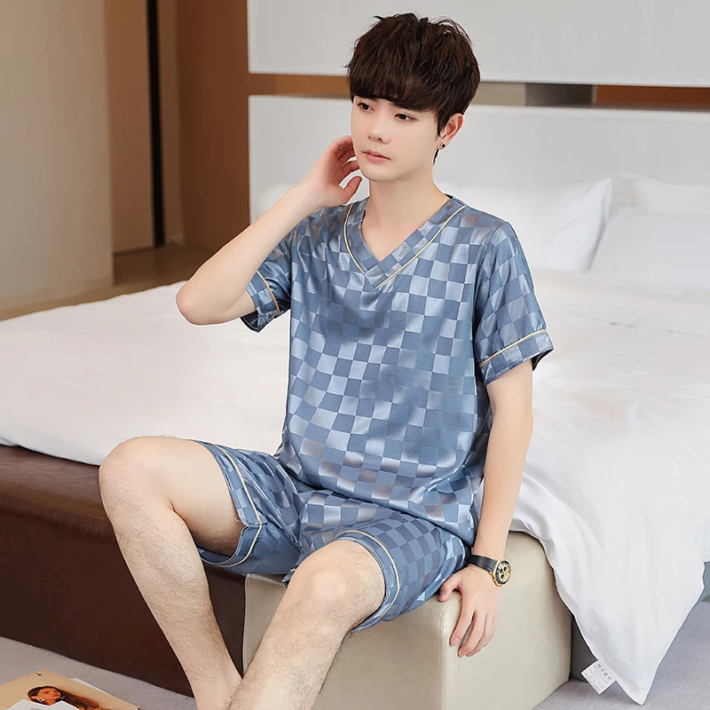 Men's Pajamas 2022 Summer Stripe Silk Short Sleeve Tops Shorts Suit Man V-neck Pullover Simple Luxury Pyjamas Men Sleep & Lounge