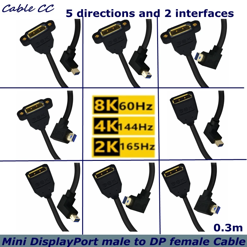 8K/60 Гц 4K/144 90 градусов Mini DisplayPort папа пара DP гнездо с гайковым кабелем используется