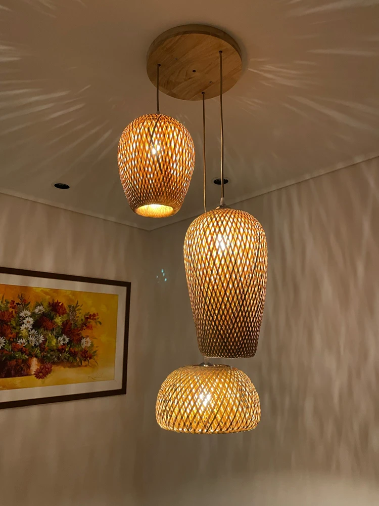 

Hand woven bamboo lampshade, bamboo lantern chandelier, natural wicker chandelier lighting accessories E27