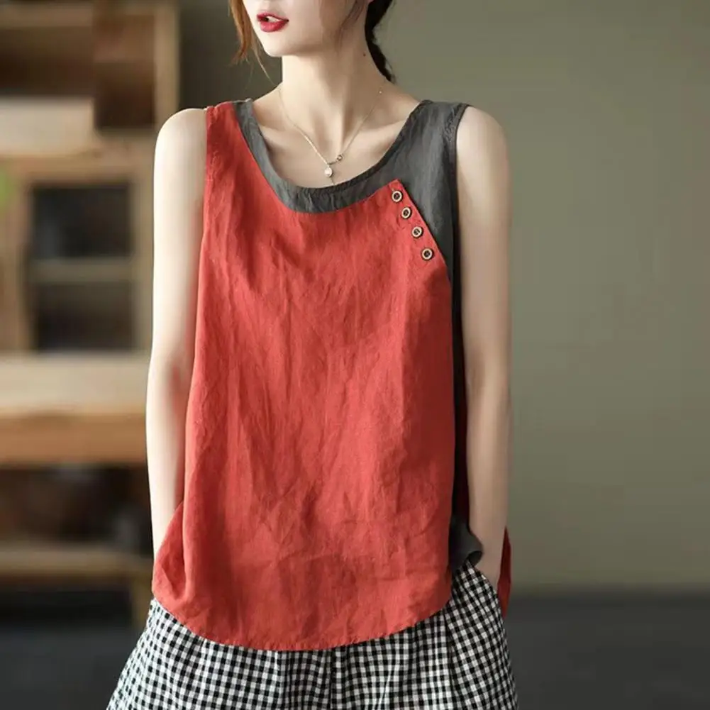 

2023 Women Summer Tank Top Contrast Color Round Neck Sleeveless Lady T-shirt Vintage Casual Lady T-shirt Women Clothes For Work