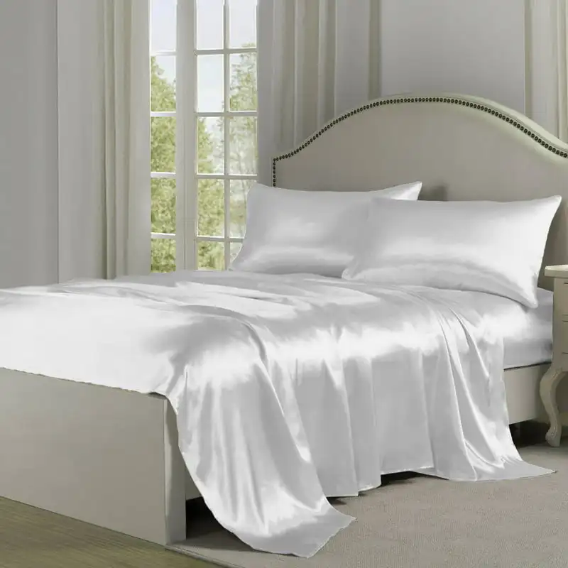 

Luxurious Charmeuse Silky Full Sheet Set in White - Soft & Smooth Polyester Satin Bedding Set for Home & Hotel.