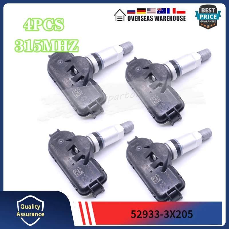 Датчик контроля давления в шинах 4 шт., подходит для Hyundai Elantra 2013-2019 Kia Rio 315 МГц TPMS датчик 52933-3X205 52933-A7000