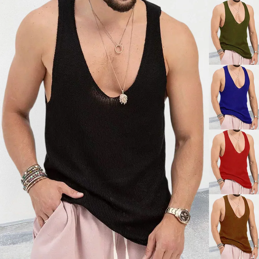 

2023 Men's Summer Tank Top Loose Knit Sports Vest Solid Knit Sleeveless Men T-shirt Breathable Mesh Sports Top Gym Shirt Male