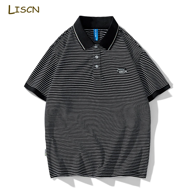 

Рубашка-поло мужская в полоску, модная повседневная блуза в корейском стиле, свободная однотонная молодежная одежда в стиле оверсайз, на лето