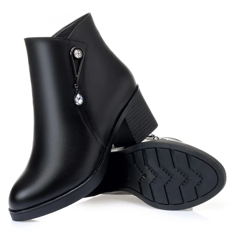 AIYUQI Ankle Boots Women Winter Genuine Leather Wool Warm High Heel Women Snow Boots Thick Heel Mother Plus Size Women’s Boots