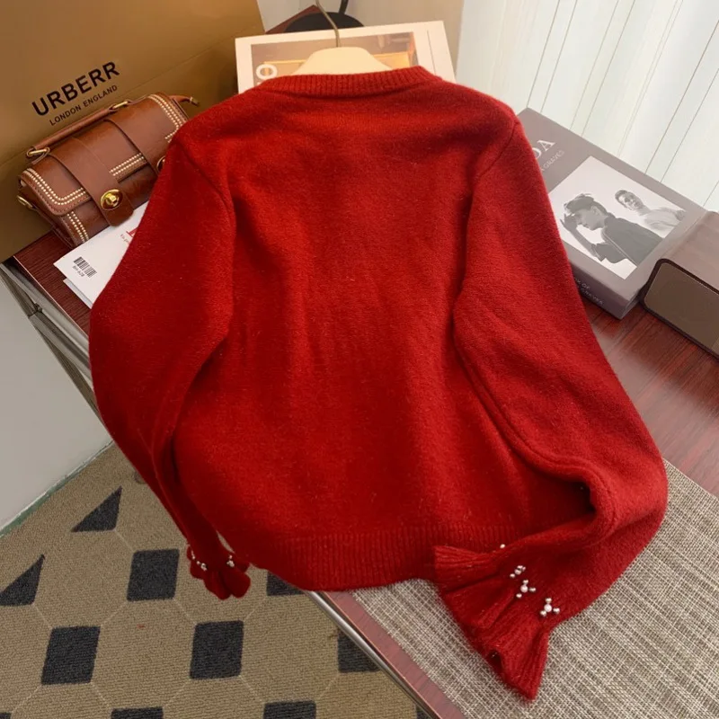 Красный вязаный кардиган женский белый свитер с бисером шикарная корейская