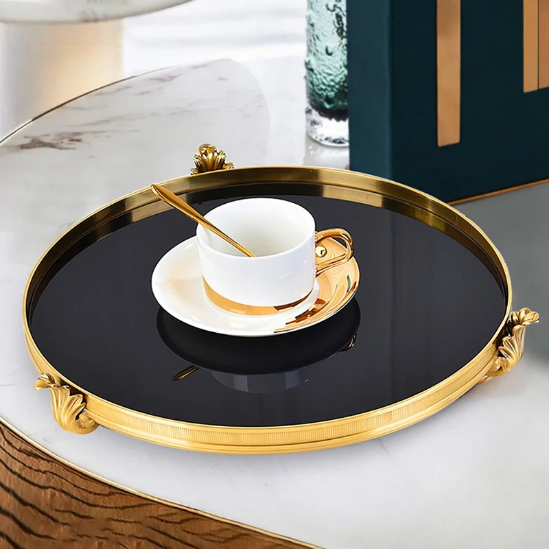 

Gold Mirror Tray Gold Inlay Glass Storage Tray Decorative Golden Copper Base Plate Restaurant Serving Tray