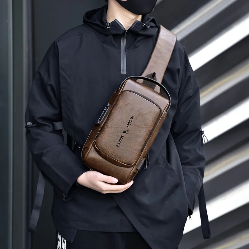 Large Capacity Leather Men Chest Bag Multifunctional Shoulder Bag Anti-Theft Crossbody Messenger Bag Waterproof Male Sling Bag