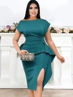 green bodycon party dress women short sleeve slit package hip peplum date dresses fashion office ladies african gowns large size