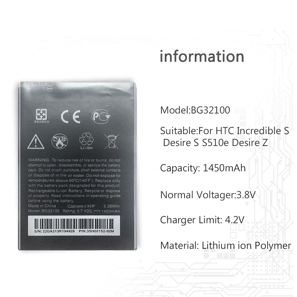 Аккумулятор для сотового телефона 1450 мАч BG32100 HTC Incredible S G11 Desire G12 A7272 Z S710E A9393 S710d S510e