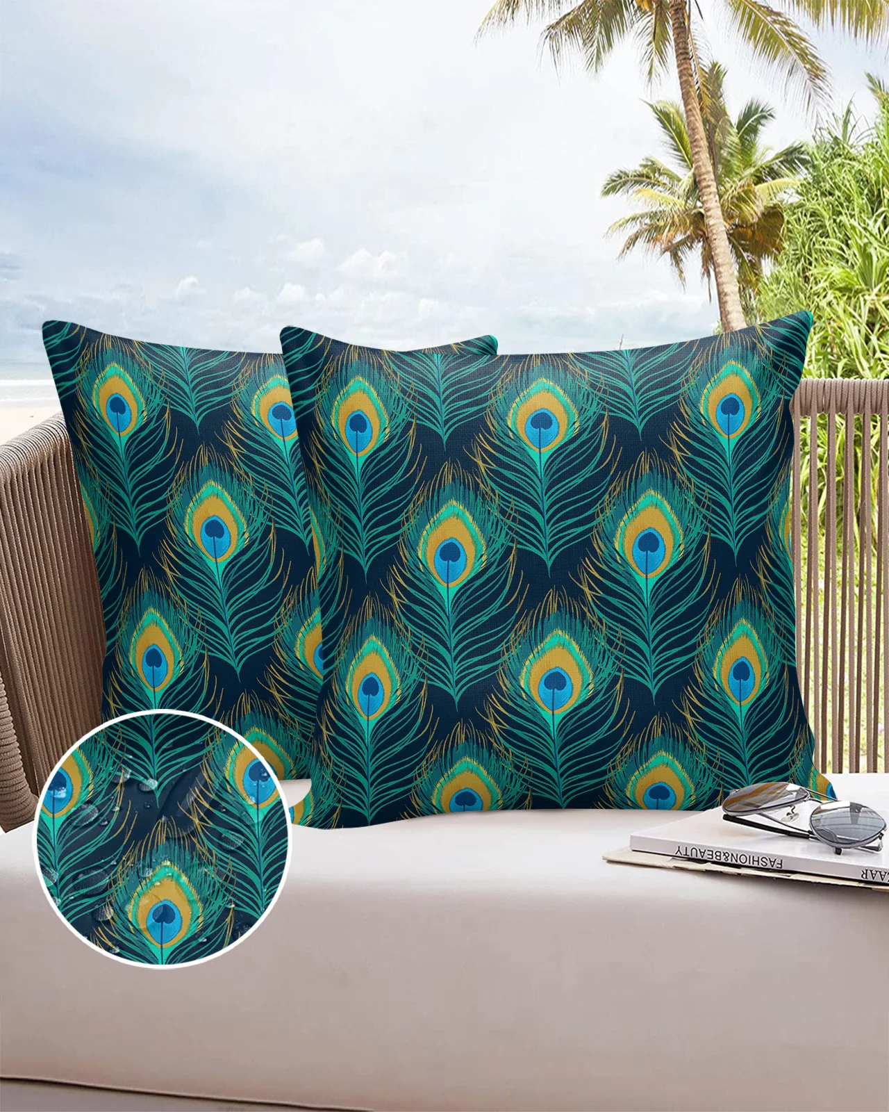 

Peacock Feather Fill Pattern Cyan Home Sofa Pillowcase for Living Room Balcony Glasshouse Decor Office Cafe Wrist Cushion Cover