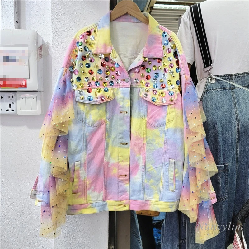 

Gradient Denim Jacket for Women 2022 Spring New Mesh Ruffled Patchwork Long Sleebe Rhinestone Tie-Dyed Jean Coat Femme Street