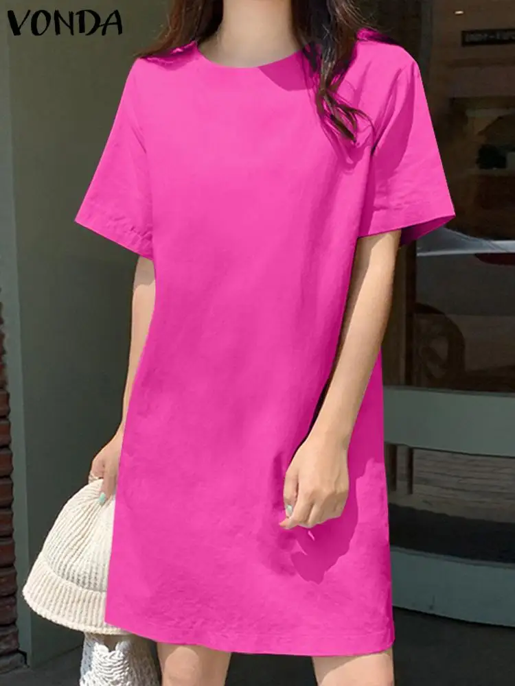 

VONDA Women A Line Mini Dress Fashion 2022 Summer Casual Solid Short Sleeve Dress Ladies Loose Party Holiday Vestido Robe Femme