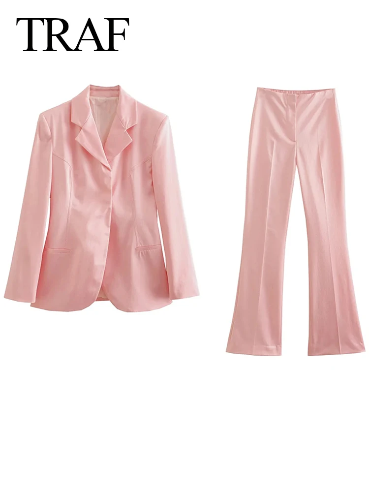 

TRAF Premium Blazer Slim Flared Pants Women's Two Piece Outfit Pink Silk Satin Texture Daily Commuter Ladies Suit 2022 New