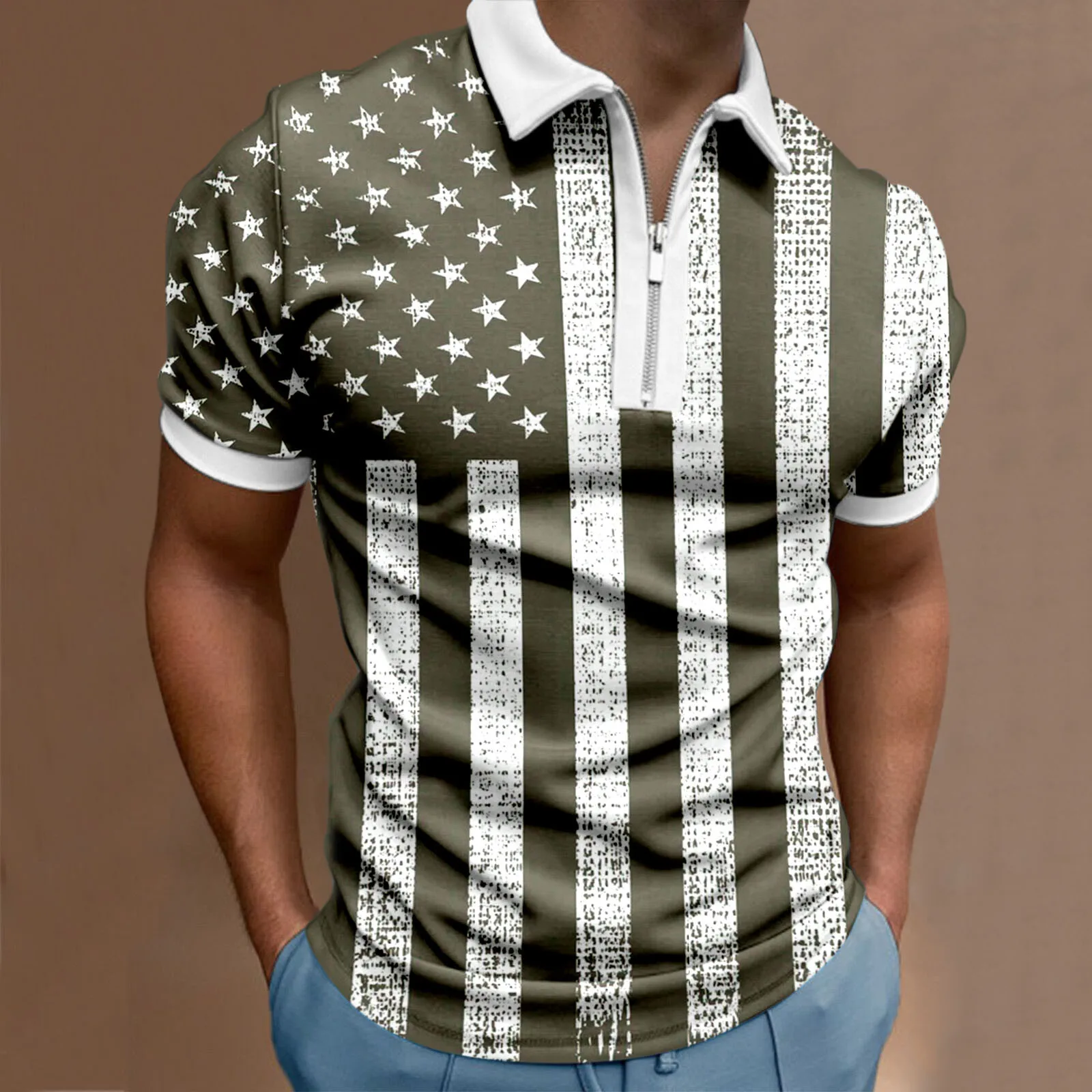 

Мужская Летняя Повседневная Блузка на молнии с отложным воротником и принтом на День Независимости, топы с коротким рукавом, приталенная темная рубашка