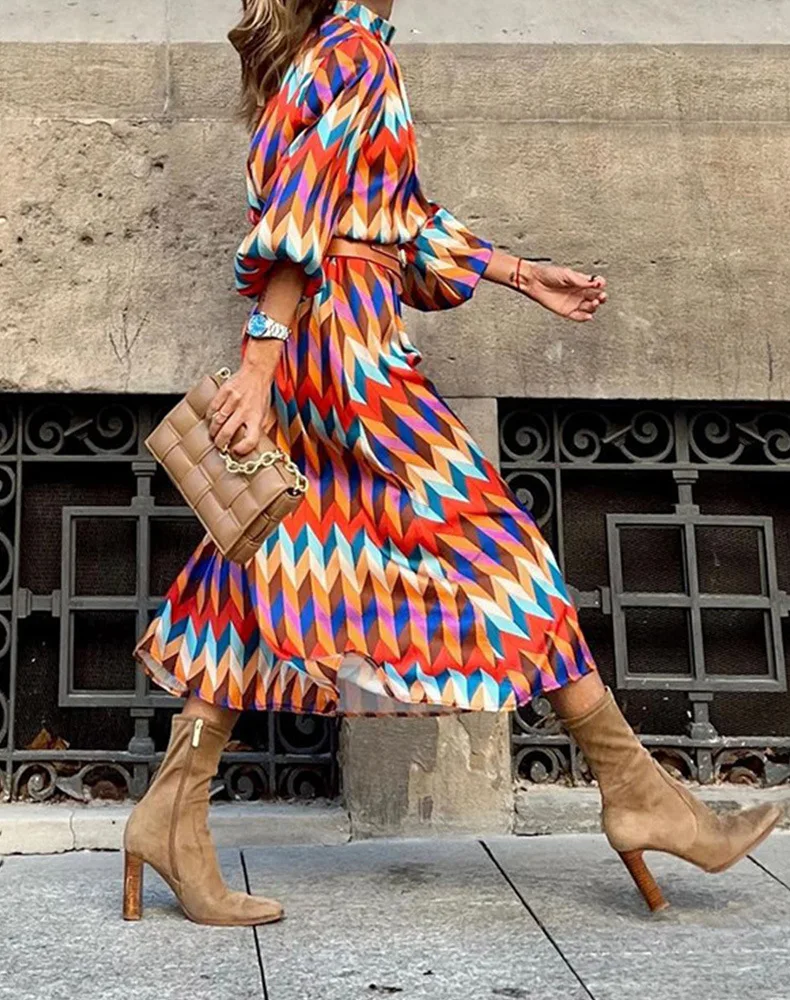 

2022 spring and summer new foreign trade women's geometric print dress women's long-sleeved Milan design