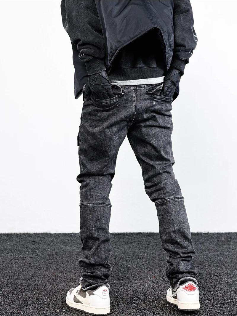 Retro Washed Denim Jeans Mens Bottom Zipper Jean Trousers with Pockets Hip Hop Fashion High-street Slim Fit Pants Joggers Jeans