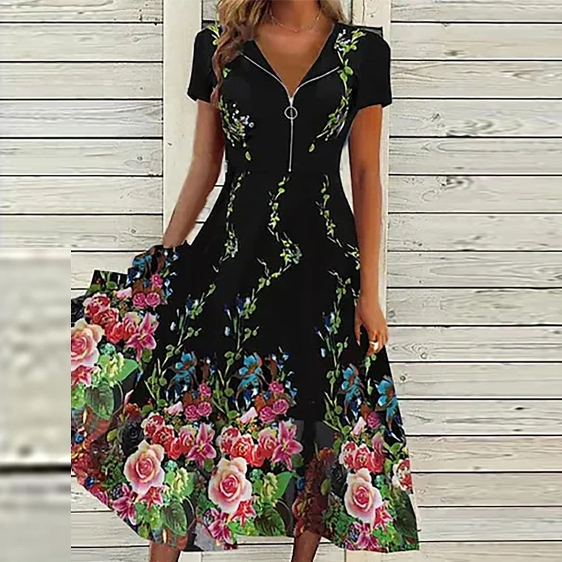 

Casual Summer Short Sleeve V-neck Party Dress Beautiful Fashion Floral Print Zip Dresses Elegant Women Loose Pleated Long Dress