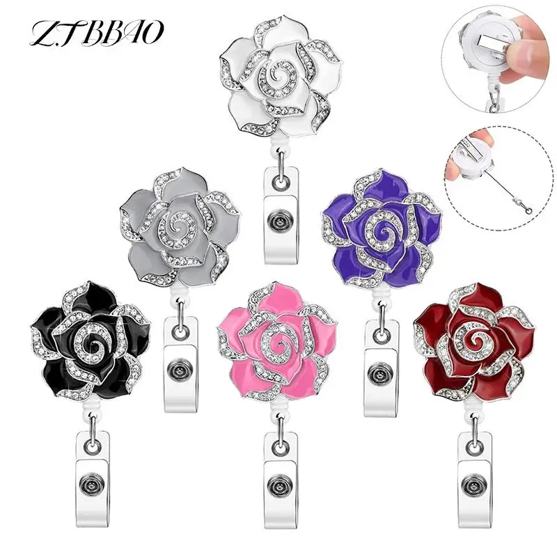 

1PCS Rose Flower Diamond Badge Reel ID Name Badge Work Pass Card Retractable Lanyard Chest Tag Clip Reel For Women Girls
