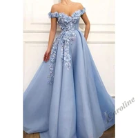 caroline blue sweetheart evening dress off shoulder flowers appliques crystal tulle floor length prom gowns party custom made