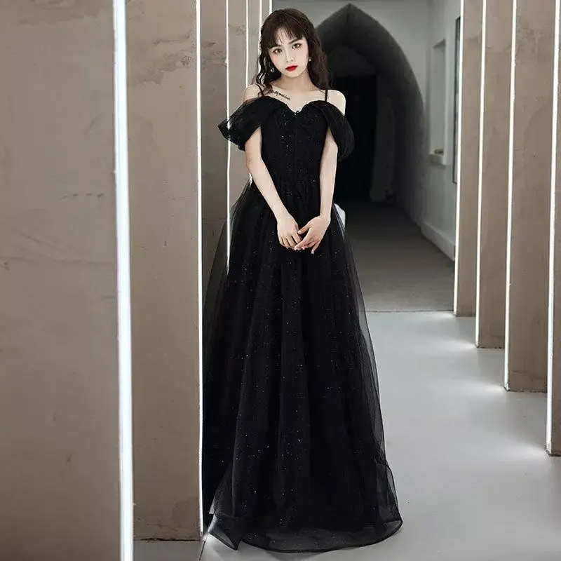 

Black Evening Dresses Sexy Sweetheart Off the Shoulder Sparkle Tulle Floor Length Prom Party Gown
