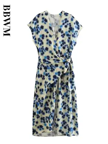 Women 2023 Summer New Fashion Wrap Towel Type Print Midi Dress V Neck Vintage Long Sleeve Female Chic Dresses robe Mujer
