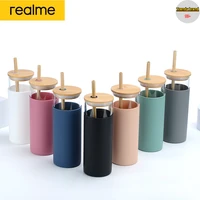 realme 500600750ml portable silicone glass bamboo lid straw water cup sport water bottle coffee cup outdoor travel home office