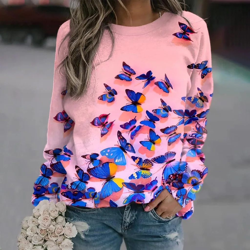 

[New In] Women Casual T Shirt 3D Print butterfly and heart Pattern O-Neck Street Casual Oversized Tops Plus Size