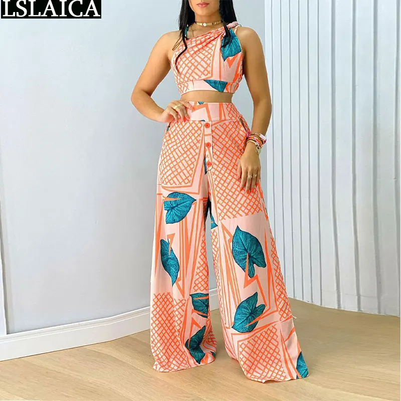 

Women Clothing 2 Pieces Set Wholesale Summer Tops and Wide Leg Pants Suits Printed Fashion Elegant Chic Loungewear Costume Femme
