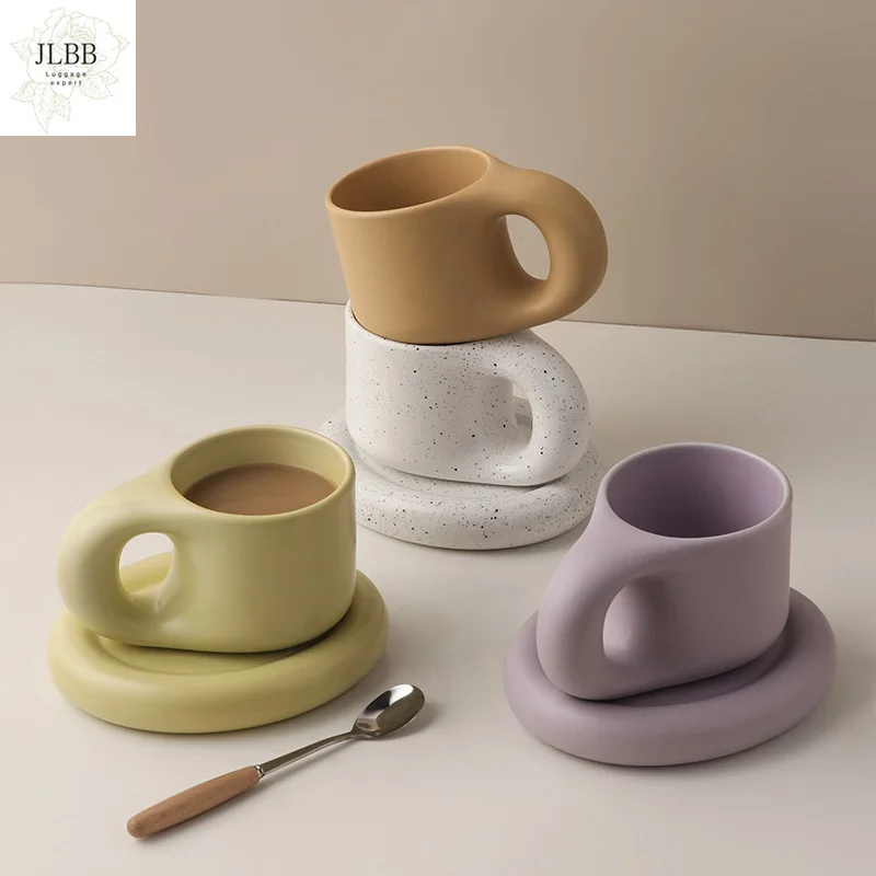 

300ml Creative Handmade Fat Handle Mug and Oval Plate Personalized Ceramic Cup Saucer For Coffee Tea Milk Cake Nordic Home Decor