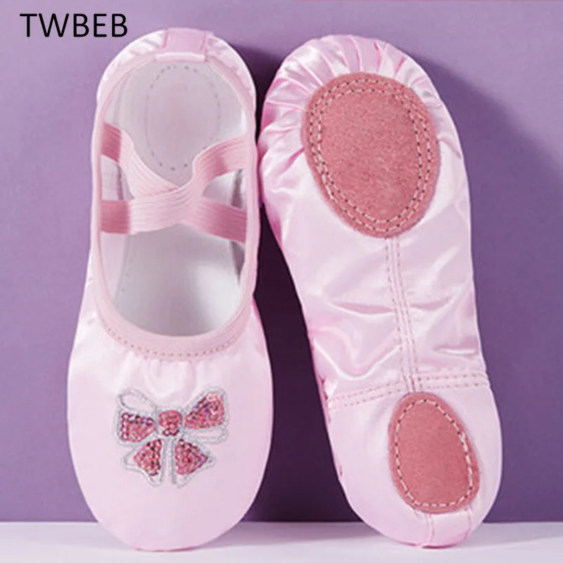 

Satin Embroidered Sequins Ballet Round Toe Indoor Yoga Adult Girls Soft Split Sole Dance Ballerina Shoes