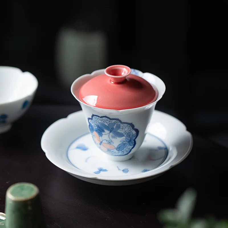 Purple Red Hand-painted Flower Group Color Cover Bowl Tea Cup Single Ceramic Household Tea Bowl  Women Customized Exquisite Gift