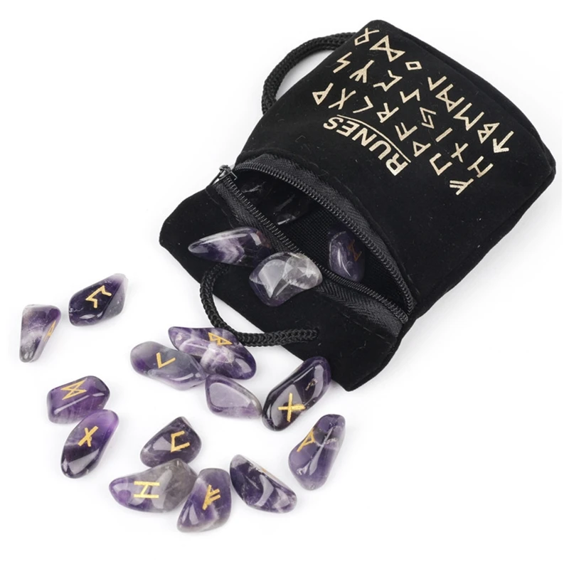

Natural Polished Stone Runes Stone Pack Divination Props Carved Energy Stone Kit Runes Symbols Letters with Pouch Bag