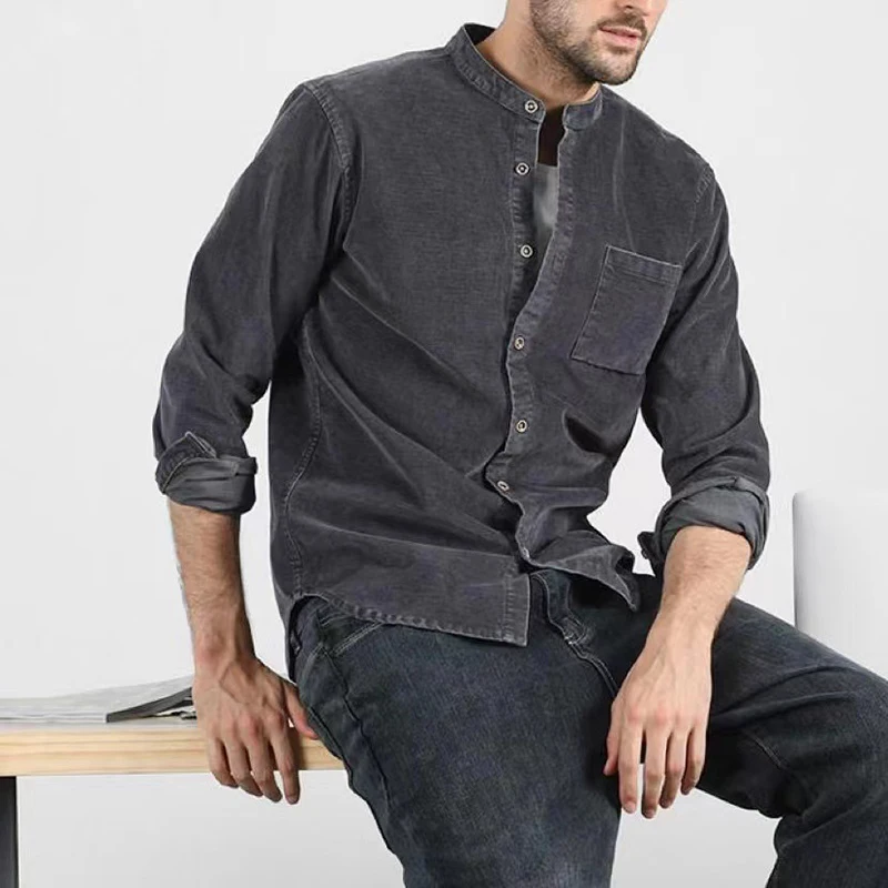 

Spring Summer Corduroy Shirt Clothes Men Fashion Long Sleeve Cargo T Shirts Top 2023 Button Stand Collar Solid T Shirts Harajuku