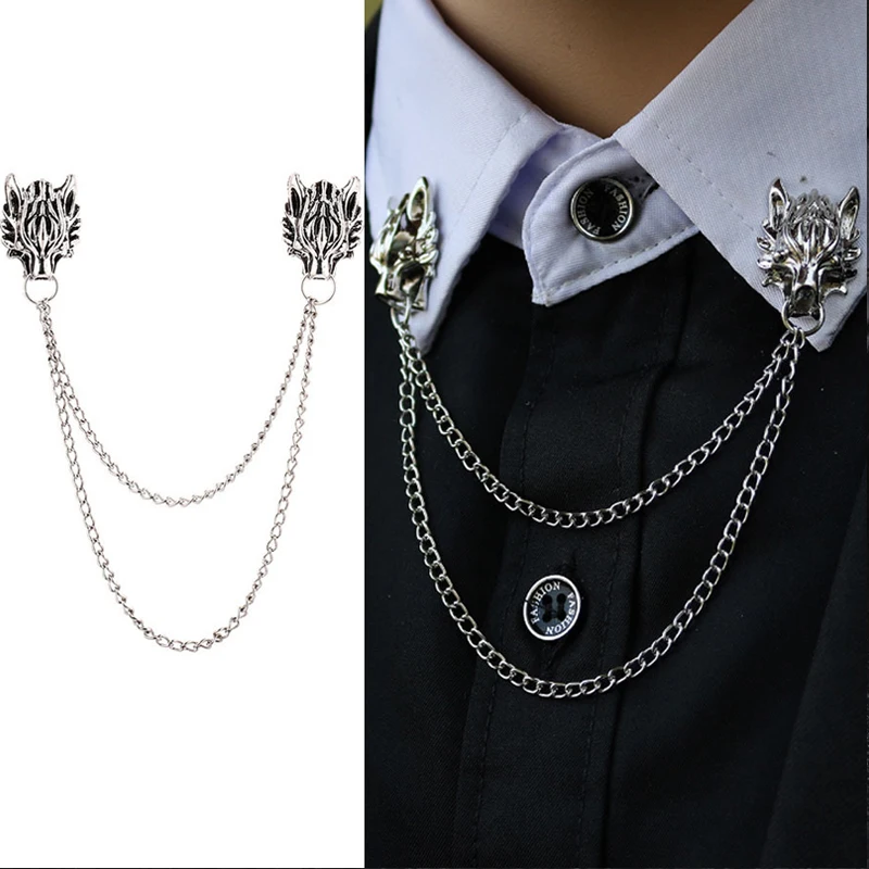 

Man Suit Shirt Collar Tassel Chain Lapel Pin Brooch Wolf Head Badge Retro Pins Wedding Dress Party Dance Neckwear Accessories