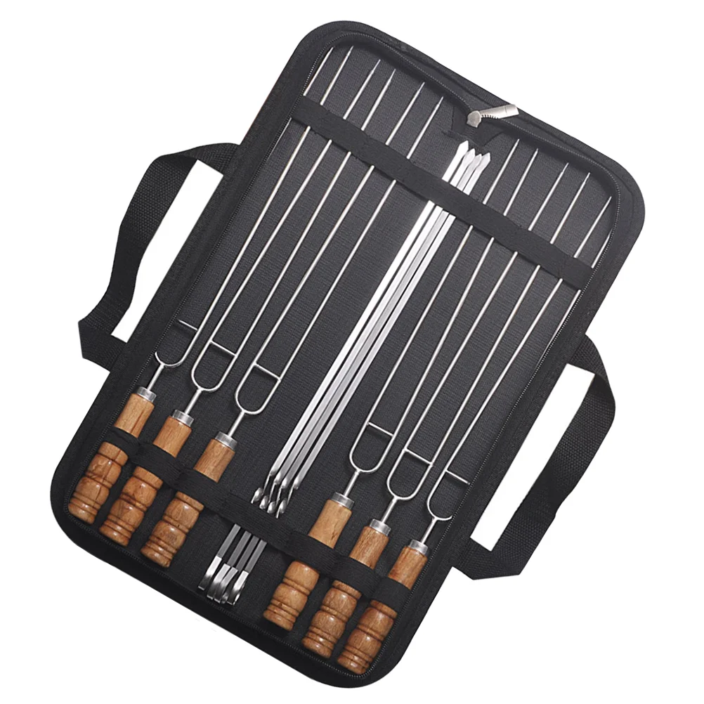 

10Pcs Stainless Steel Skewers with Storage Bag Wood Handle Barbecue Sticks