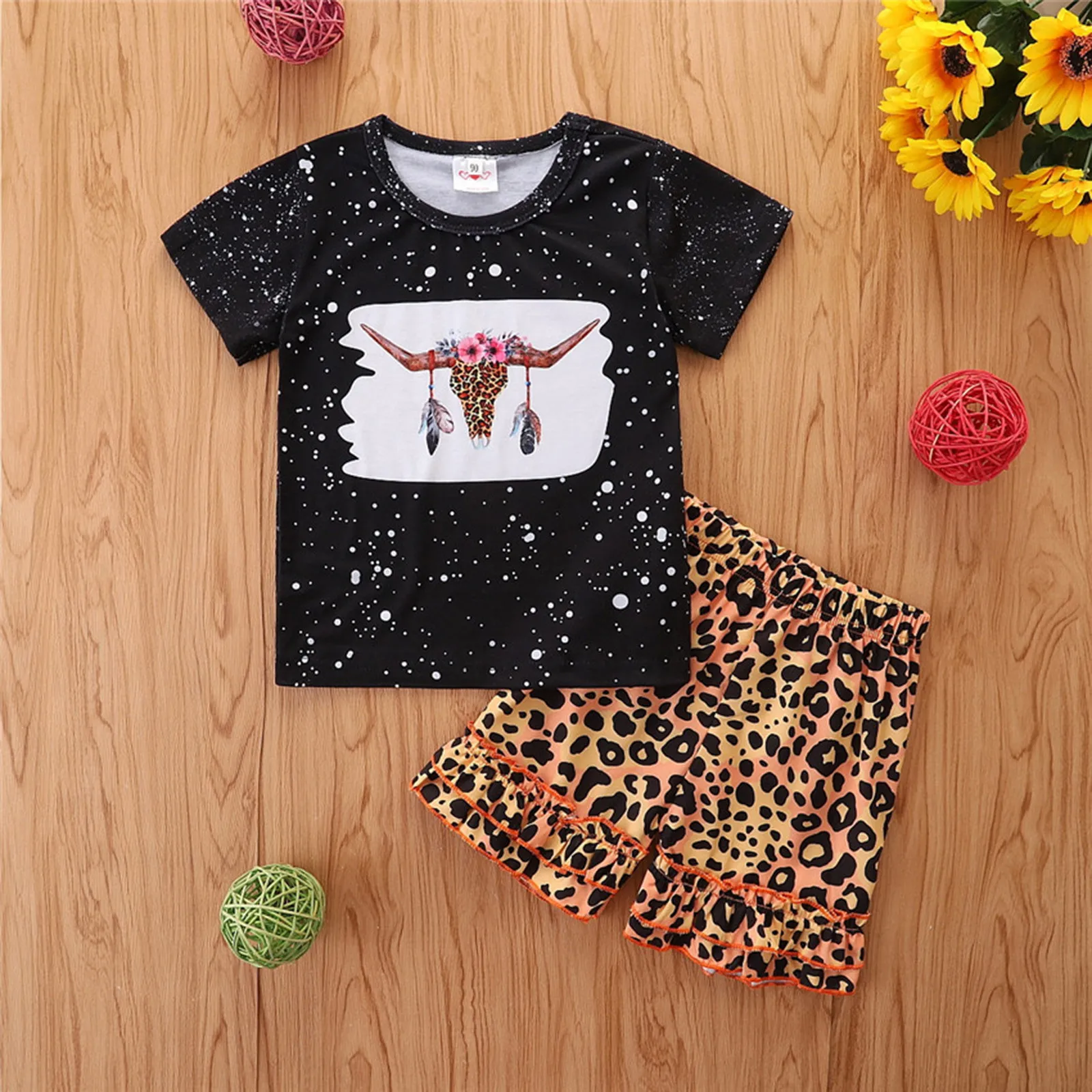 

Crop Leggings Kids Newborn Toddlers Kids Girl Clothes Prints Top Cartoon Leopard Shorts 2Pcs Outfits Set