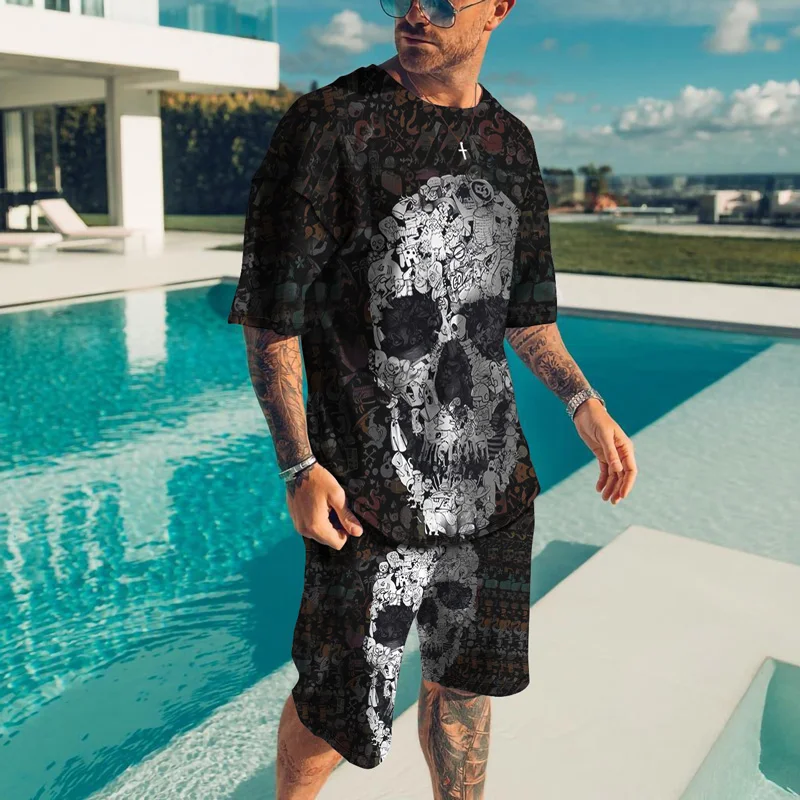 

New Fashion Skull Pattern Men Tracksuit 2 Piece Set Summer Sportswear Suit Trend Oversized 3D Print T Shirt Beach Casual Shorts